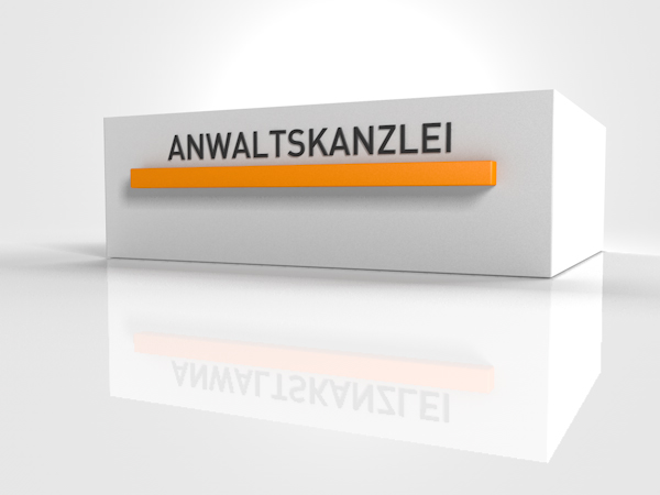 grafische Überschrift: Orangefarbene Schublade mit Aufschrift ‚Anwaltskanzlei‘