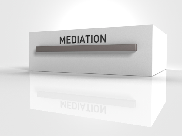 grafische Überschrift: Weiße Schublade mit grauen Griff und Aufschrift ‚Mediation‘